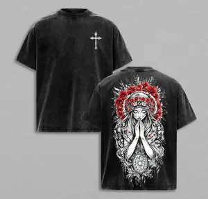 valentine shirts Christian Cross & Virgin Mary Oversized Tee: Vintage Washed Heavy Cotton