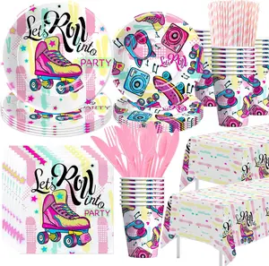 Roller Skating Party Supplies, Roller Skate Party Decorations Tableware, Plate, Cup, Napkin, Tablecloth, Cutlery,  Let's Roll Birthday Decorations Dinnerware, Serve 24