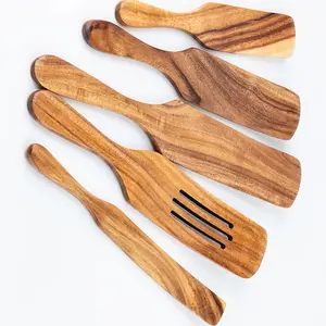 5PC Wooden Spurtle Set - Premium Heat Resistant Cooking Utensils & Nonstick Spatula Kitchen Accessories | Aesthetic Organic Wood Spoon Cooking Gift for New Home, Apartment Essentials & Everyday Cooking