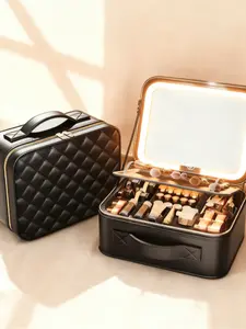 Lattice Pattern LED Mirror Makeup Box, Large Capacity Layered Cosmetic Storage Bag, Portable Travel Washroom Organizer, Fashion Handheld Beauty Case, Vanity Bag Organizer, Handheld Cosmetic Pouch