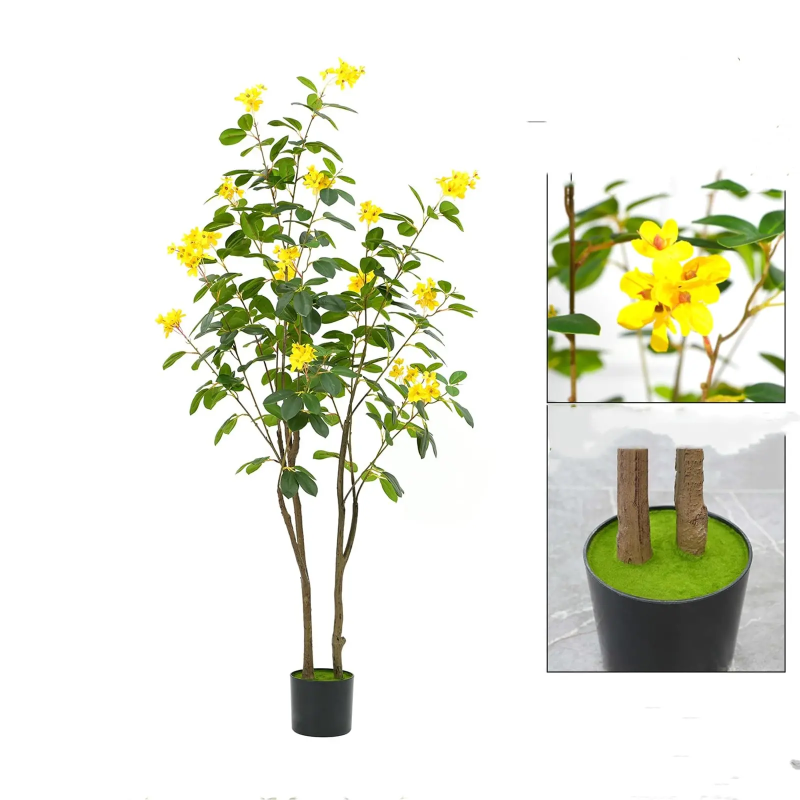 Blooming Artificial Flower Floor Tree with Yellow Blossoms, Pre Potted Faux Floral Plant for Home Garden Wedding Party Decor