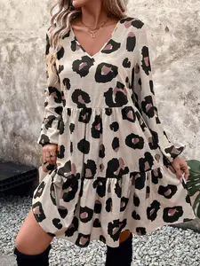 Women's V-Neck Long Sleeve Leopard Print Dress, Fitted Casual Boho Dresses Fashion Frill Style for Work and Leisure, Perfect for Autumn and Winter