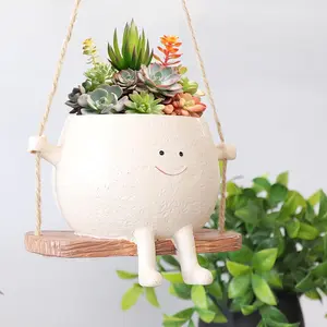 Swing Vase - White Hanging Planter with Smiling Face Design for Succulents and Cacti - Perfect for Indoor and Outdoor Decor