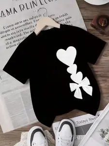 Girls' Simple Trendy Short Sleeve T-Shirt, Valentine's Day Heart Bow Print Top, Colorblock Heart & Bow Combo, Casual Summer