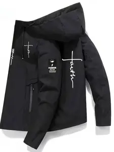 Men's Faith Print Fitted Flight Jacket, Casual Zipper Jacket, Academic Style, Spring & Fall Windbreaker, One Piece Men's Outerwear