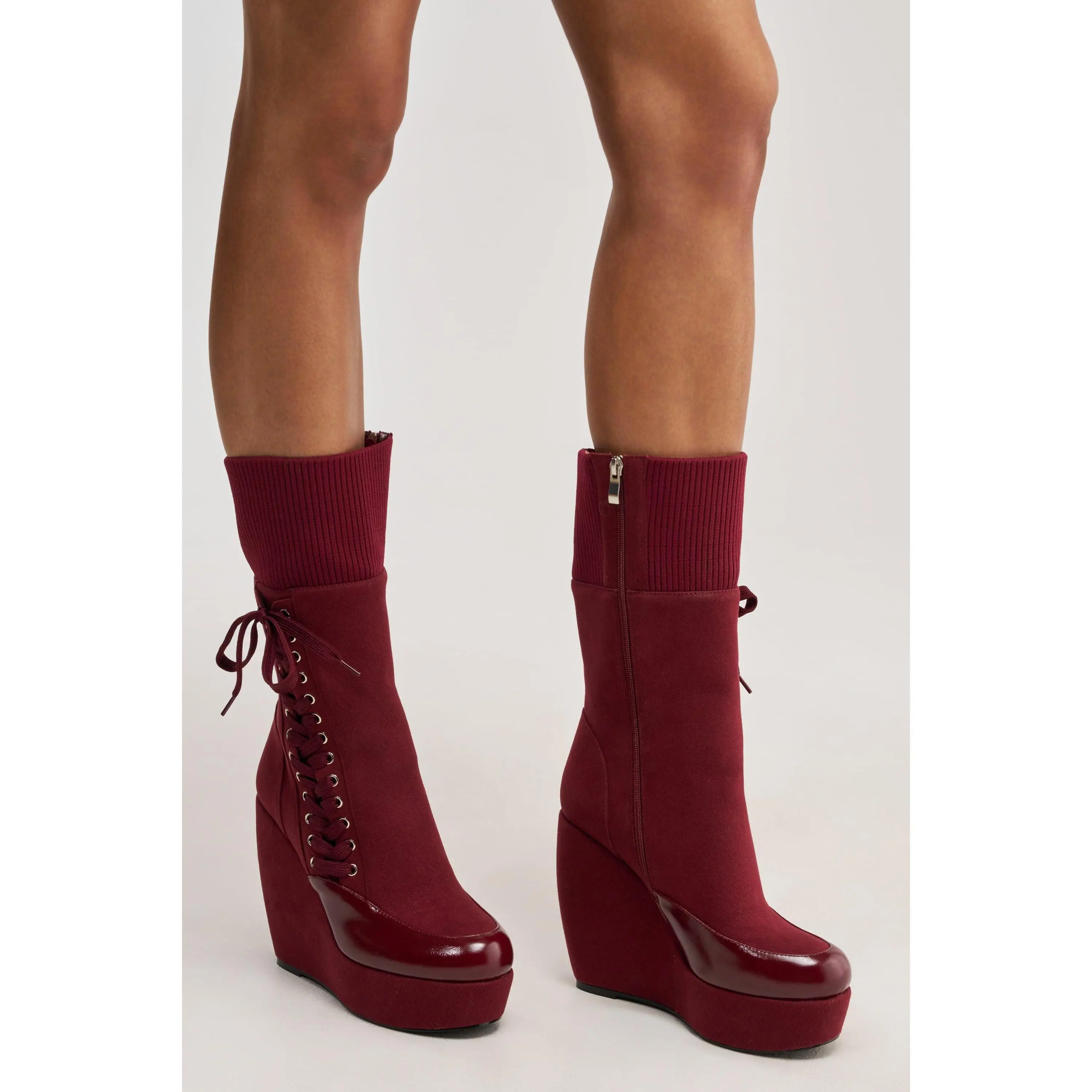 AKIRA GOLD WHATEVER BURGUNDY CANVAS WEDGE BOOTIE