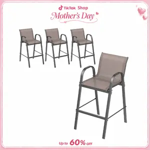 Outdoor Bar Stool Set of 4, Patio Bar Chairs with High Back and Metal Armrest, All Weather Textilene Tall Outdoor Bar Height Chairs for Balcony, Porch, Garden