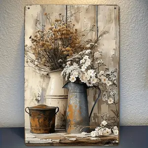 2D Flat, 1pc 2D Flat Wall Art Rectangular Iron Decorative Sign, Nice Flowers, Iron 20x30cm (8x12inch), Plant Theme, Vintage Metal Iron Sign, Vintage Plaque Decoration Mural, Versatile Home Decoration, Suitable for Room, Courtyard,
