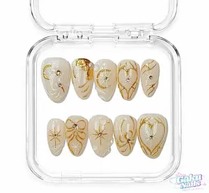 GakuNails LUNAR WHISPER 10-Piece Short Almond Handmade Press-On Gel Tips, Gold-Edged Elegant Builder Gel Reusable Quality Faux Nails, Multi-Pack with Nail Glue & Debonder, Press On Nails