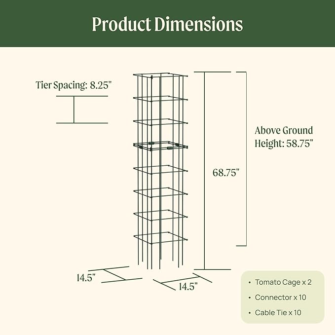 Vego Garden Tomato Cage 16.5" Square Heavy-Duty for Garden & Pots, Rust-Resistant Tomato Stackable Heavy Gauge Plant Cage Trellis Support for Climbing Vegetables Plants