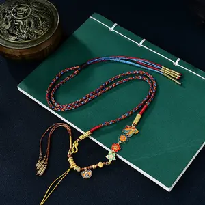 New Original Chinese Tibetan Ethnic Style Pendant Rope Zachilam Thangka Female Neck Hanging Gold Yellow God of Wealth Lanyard Hand-Woven Lanyard