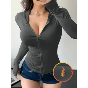 Women's Hooded Tee: Solid Hue, Long-Sleeved, Zip-Up with Ruched Details, Cozy & Warm for Fall Women