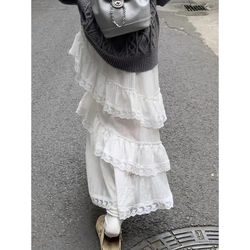 Elegant High-Waisted A-Line Long Skirt for Women, Spring Collection, Korean Style, White Cake Design, Lace Ruffle Detail, 100% Polyester, Solid Color, All Seasons, 125g/m² Lining, 140g/m² Fabric Weight