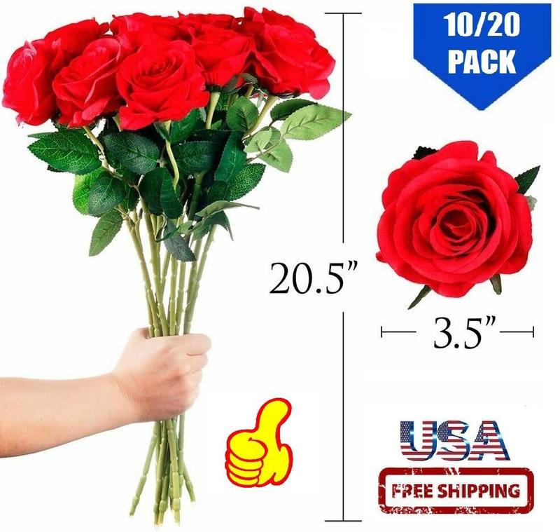 20Pcs Red Silk Roses Artificial Flowers Realistic Bouquet Home Decor valentine   Plants