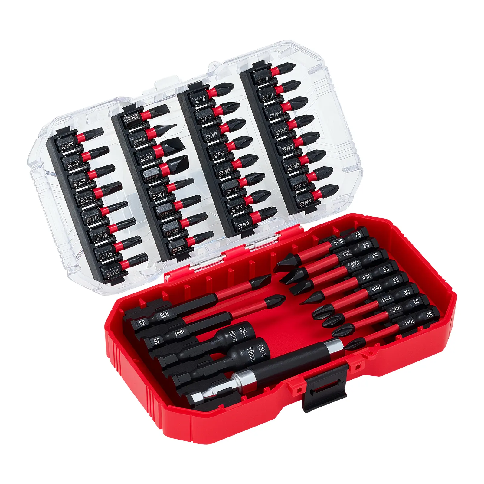 45-Piece Magnetic Screwdriver Bit Set with Hex Drive, Phillips, Slotted, Square, Torx Bits, Hex Nut Sockets, Extension Rod, Transparent Storage Case, High-Strength S2 Steel Alloy, Blackened Finish