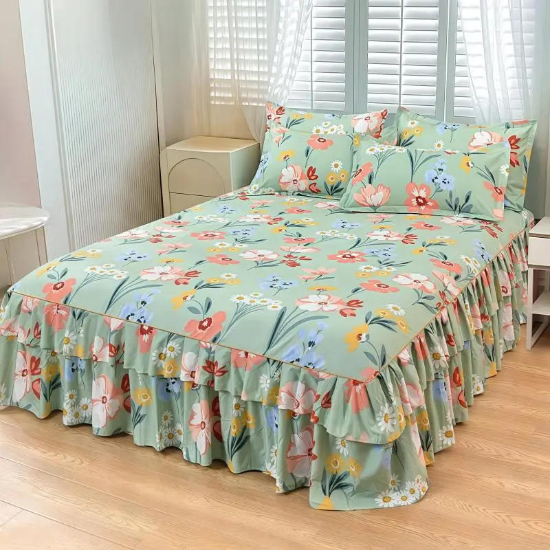 Floral Print Ruffled Edge Bed Skirt Set, 3 Counts/set Including 1 Bed Skirt & 2 Pillowcases without Filler, Comfy Flower Printed Bedding Set for Home