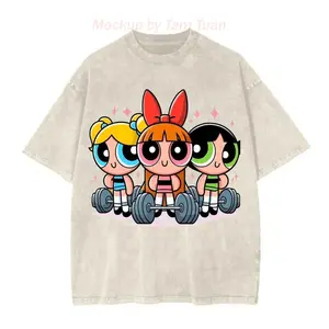 Cute Girl Powerpuff Weightlifting Washed Tee, Unisex Graphic T-Shirt For Youth And Adults, Workout Fitness Heavy Lifting Shirt, Apparel Made In Usa		