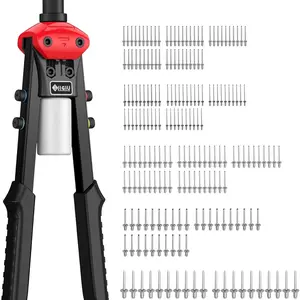 JiGiU 13" Heavy Duty Hand Riveter Tool Professional Pop Rivet Gun Rivet Tool Kit with 200PCS Rivets & 5 Nosepieces 3/32", 1/8", 5/32", 3/16", 1/4" for Metal Furniture Car Trailer