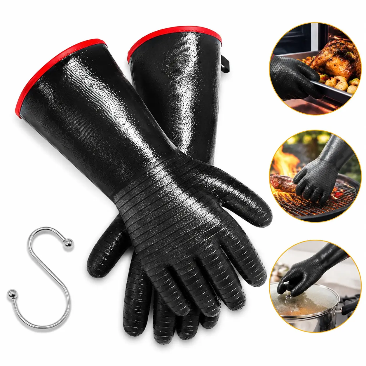 BBQ Gloves - 1472°F Thicken Heat Resistant Gloves w/S-Hook 14 in Kitchen Oven Mitts Waterproof Grill Gloves Oil Resistant Grilling Gloves Cooking Gloves for Turkey Fryer/Baking/Oven/Smoker