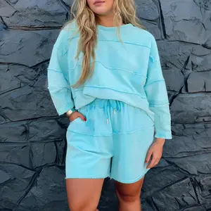 Plus Size Solid Color Splicing Raw Hem Pullover Top Shorts Set Two Piece Set Matching Outfit