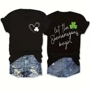 St. Patrick's Day Clover Print Plus Size Casual Crew Neck Short Sleeve 100% Cotton T-Shirt Women's Top Let the Shenanigans Begin Festive Comfortable