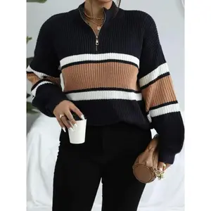 Women's Colorblock Striped Print Half Zip Up Mock Neck Sweater Tops, Casual Loose Drop Shoulder Sleeves Jumper, Women's Fall Knitwear for Daily Wear, Back To School Outfit, Sweaters for Women, Fall Outfits for Women Womenswear Adjustable