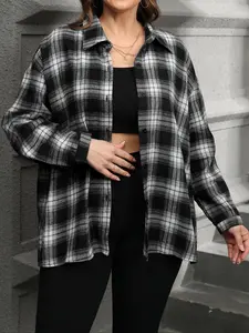 Plus Size Plaid Print Long Sleeve Button Up Shirt, Casual Preppy Button Down Shirts for Spring & Fall Daily Wear, Women's Button Front Blouse, 2023 New Trendy Classic Tartan College Shirt, National Day Offers