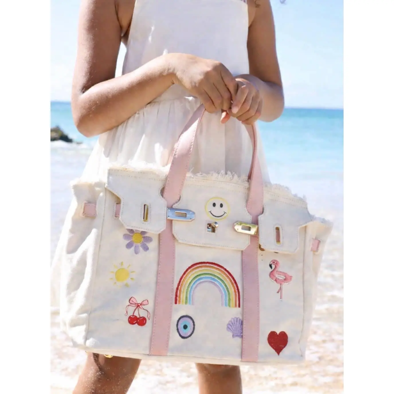 Women's Canvas Tote Bag with Colorful Embroidered Icons - Cute, Roomy & Casual Bag for Holiday, Beach Trips & Travel, Embroidery, Lightweight