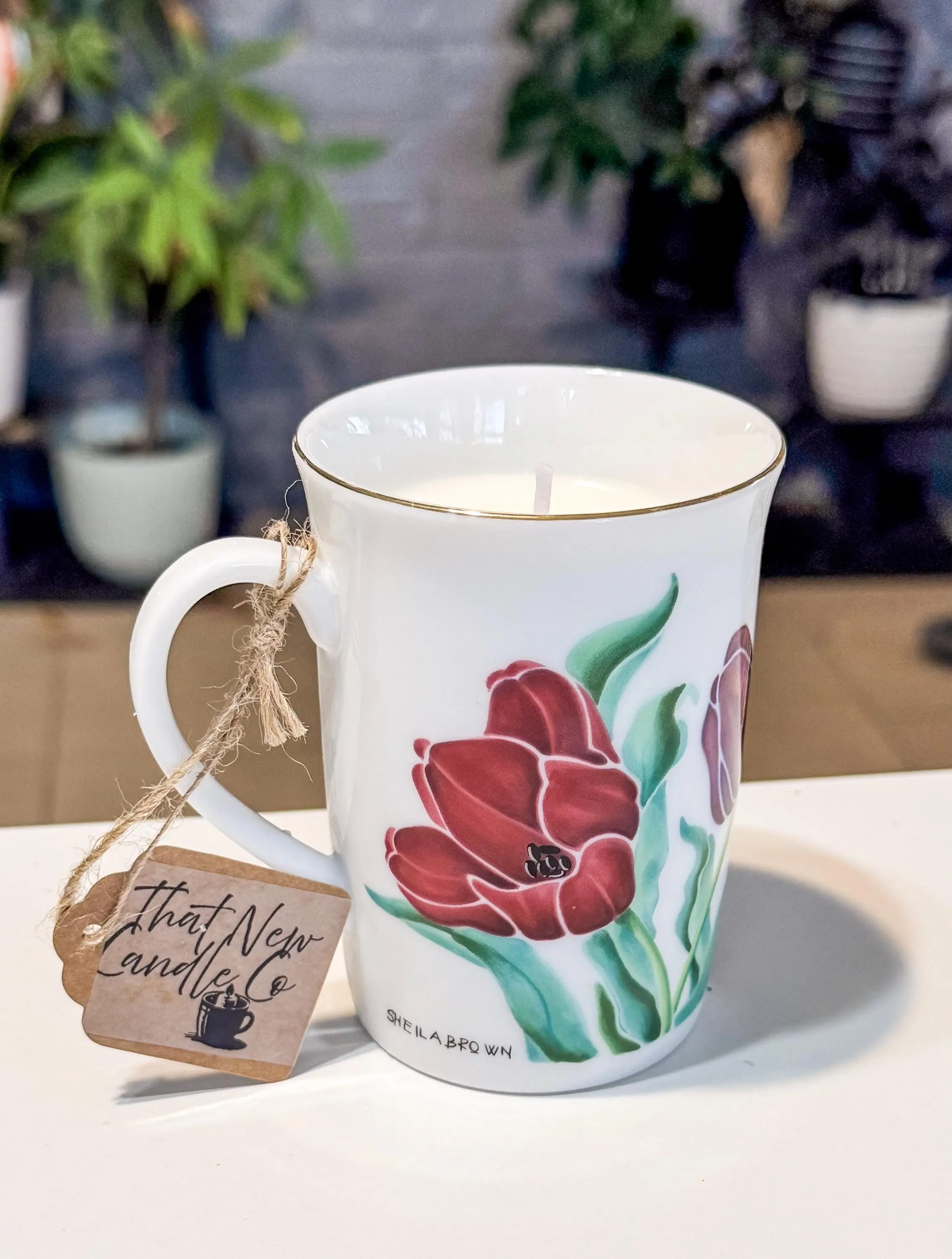 Soy Candle in Vintage Otagiri Sheila Brown Tulips Coffee Mug, Secret Garden Scent, 7.83oz