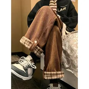 Women's Retro Plaid Corduroy Pants - High Waist, Loose Fit, Slim Design, Apricot and Black Plaid Pattern, Drawstring Waist, Spring and Autumn Casual Style, Cute Pants Womenswear Bottom