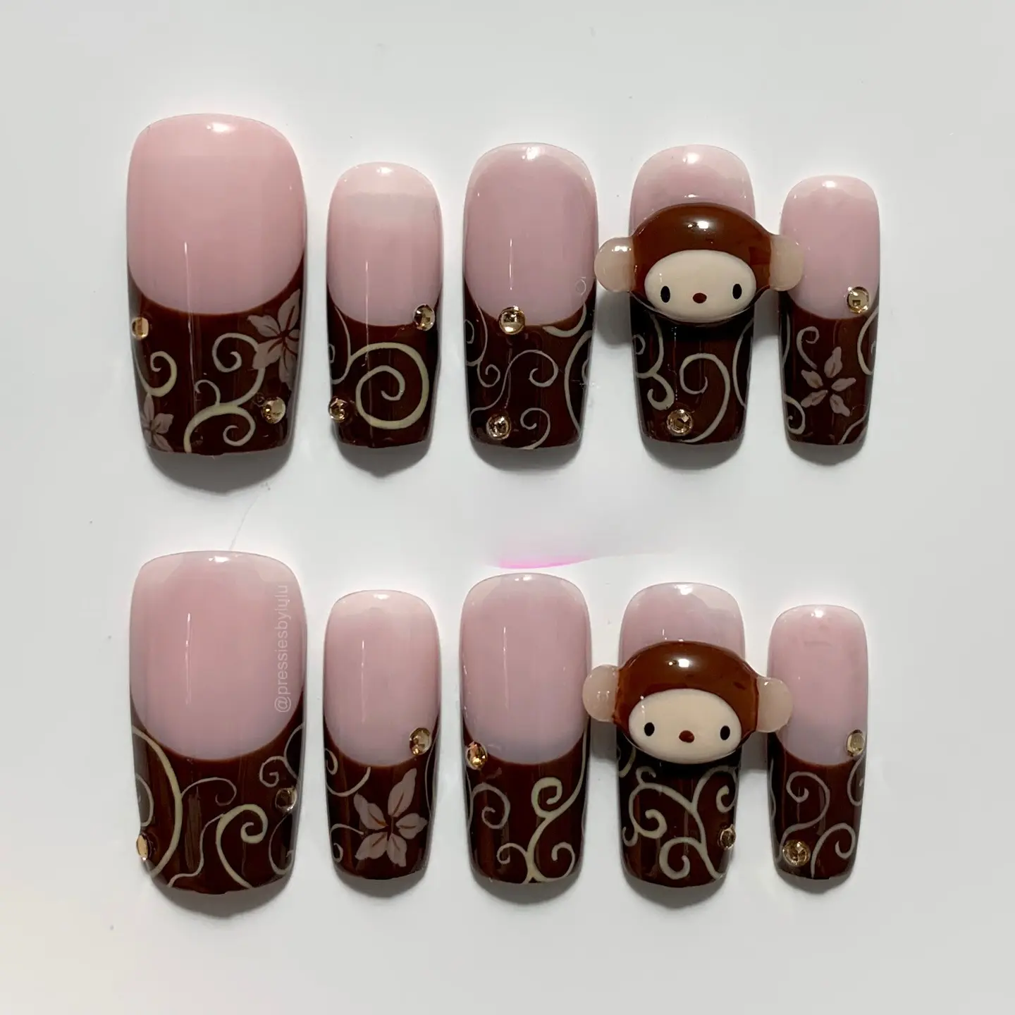 Monchhichi Press On Nails, Cute 3D Monkey Brown Pink French Tip Fake Nails, Kawaii Hand Painted Floral Short Square Nails with Free Adhesive Tabs Nail File & Cuticle Stick