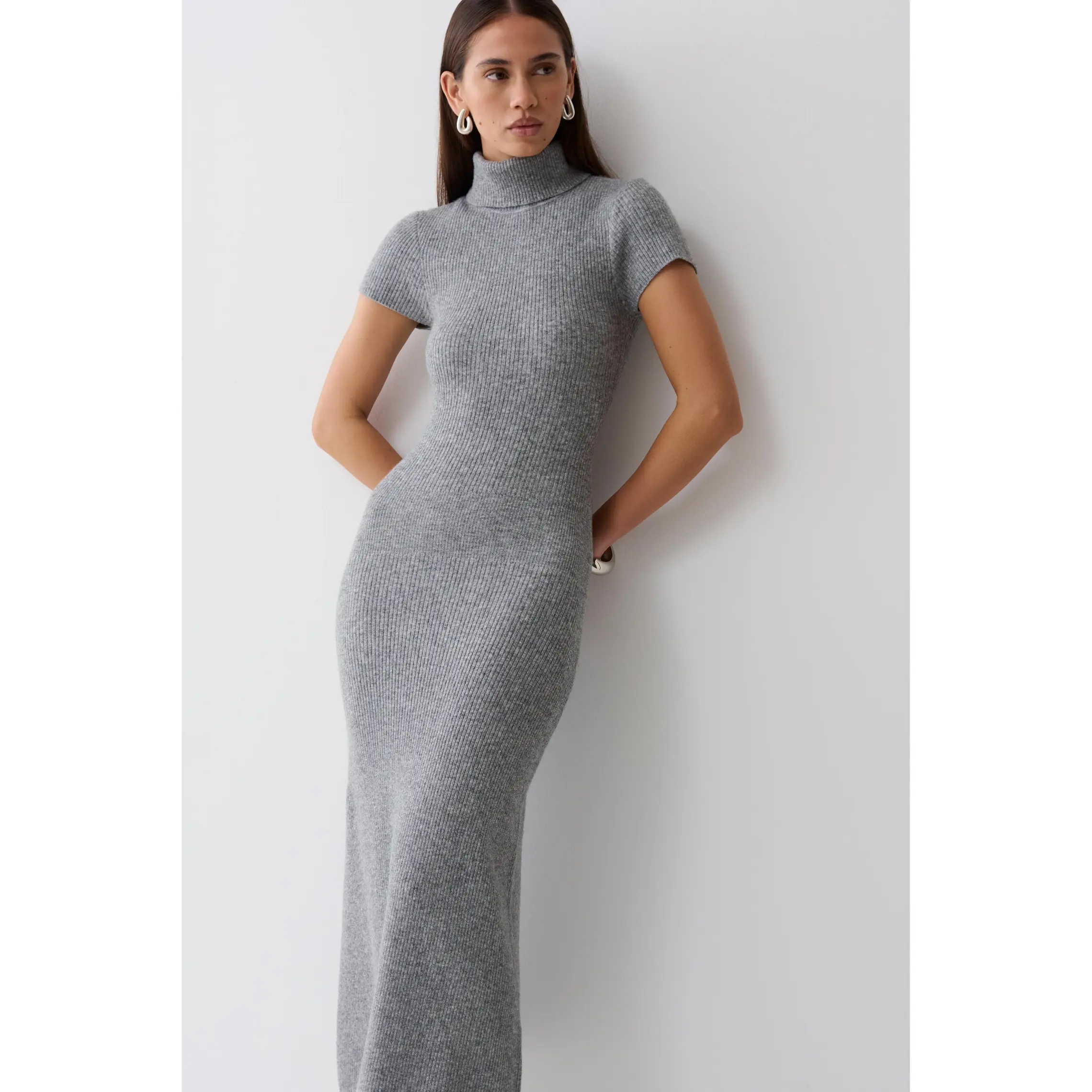 Goldie High Neck Knit Midi Dress - Grey Marle
