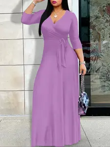 Women's Elegant V Neck Wrap Waist Dress, Chic Solid Color Long Sleeve Dress, Ladies Clothes for Daily Wear