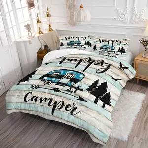 2/3Pcs Camping and Rv Pattern Printed Comforter Set, Happy Camping Theme Bedding Set, Soft Outdoor Travel Blanket, Multiple Sizes, Kids, Teens, Girls and Boys Bedroom Decor