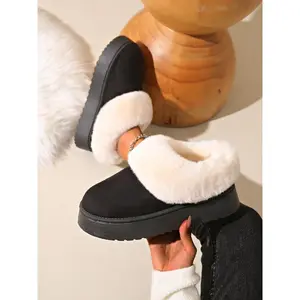 Women's Solid Color Plush Lined Snow Boots, Casual Warm Comfortable Ankle Boots for Winter, Fluffy Winter Shoes for Indoor & Outdoor