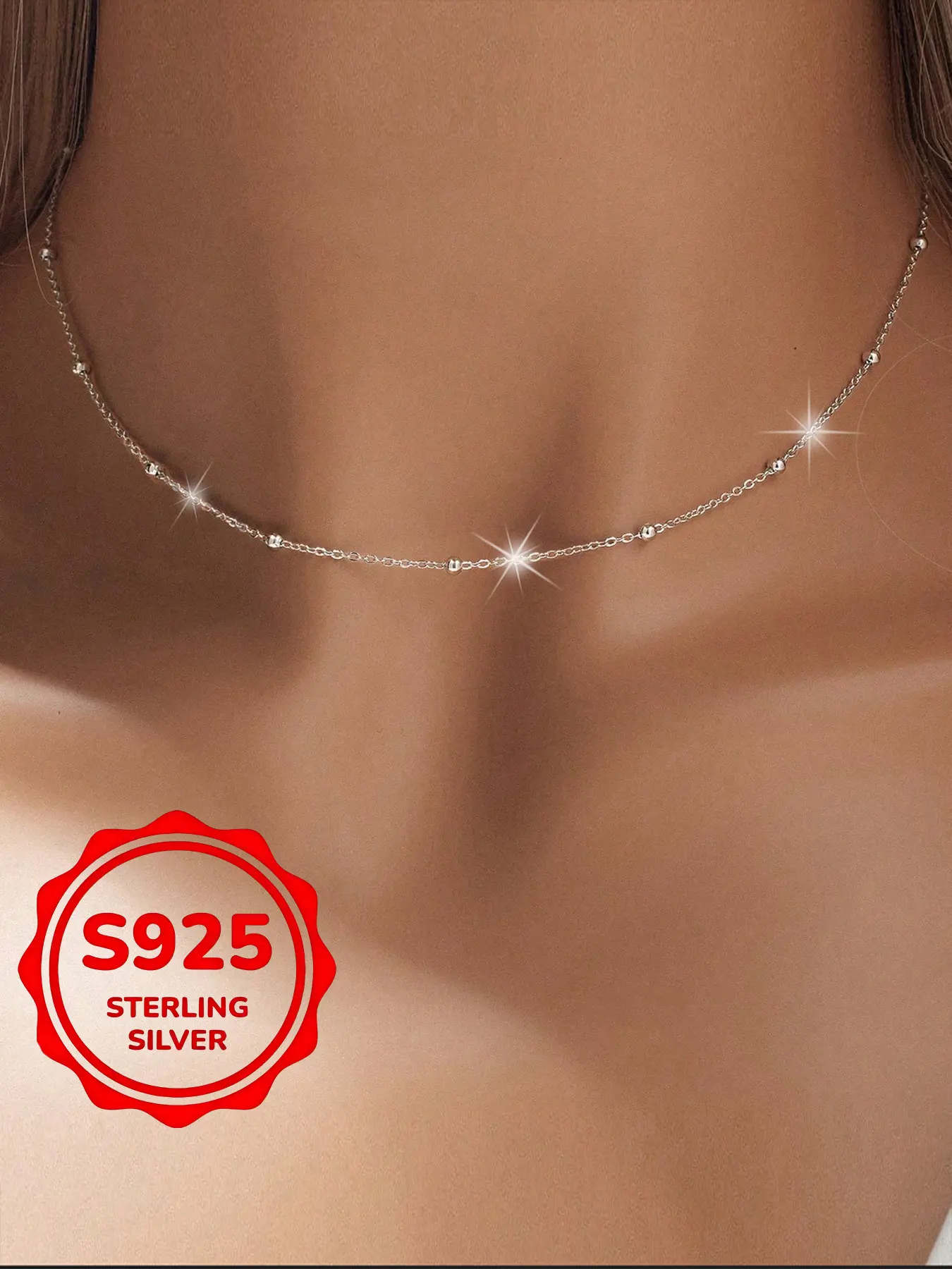 Classic 925 Silver Beaded Necklace Choker Length for Women, Casual Style Necklaces, Casual Chain Design Classic Look, Gift for Birthdays, All-Season Jewelry, Ethnic Style, Everyday Wear, Dainty Choker Necklace