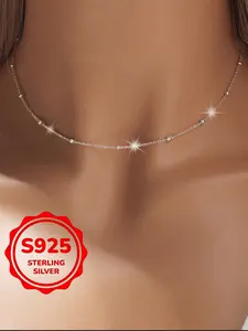 Classic 925 Silver Beaded Necklace Choker Length for Women, Casual Chain Design Classic Look, Perfect Gift for Birthdays, All-Season Jewelry, Modern Ethnic Style, Everyday Wear, Dainty Choker Necklace