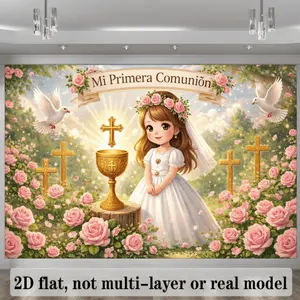 2D Flat First Communion Theme Backdrop, Featuring Golden Chalice, Golden, Flying White Dove, Pink Rose Flowers, Greenery, Top Banner "Mi Primera Comunión", Rays of Sunshine, Dreamy Sky Background, Golden Light,summervibes