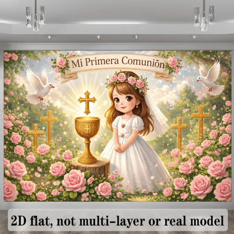 2D Flat First Communion Theme Backdrop, Featuring Golden Chalice, Golden, Flying White Dove, Pink Rose Flowers, Greenery, Top Banner "Mi Primera Comunión", Rays of Sunshine, Dreamy Sky Background, Golden Light