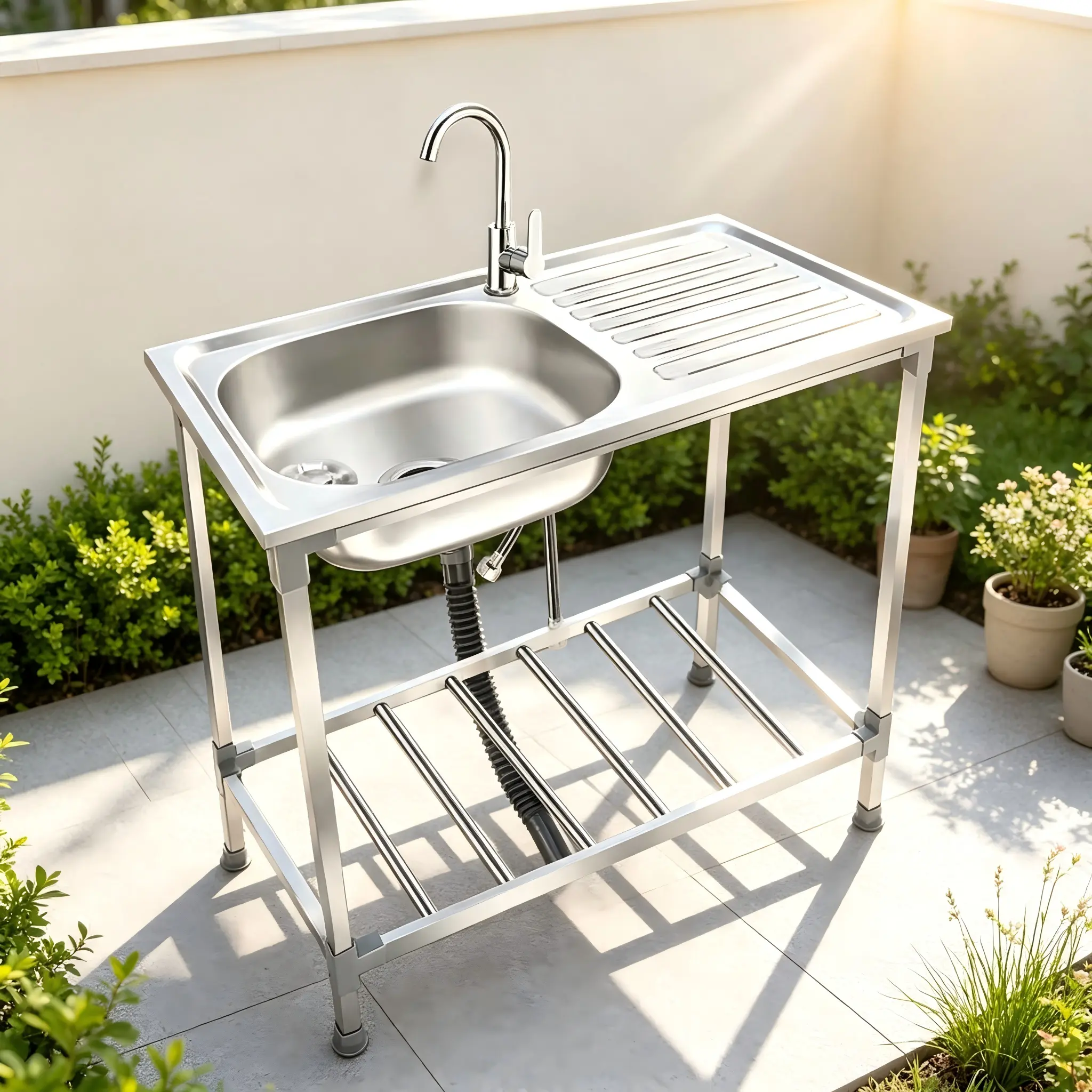 Extra-Large Stainless Steel Outdoor Multi-Function Utility Sink Heavy Duty 304 Single-Basin Portable Freestanding Laundry Tub for Commercial Residential Garage Kitchen Camping Backyard Restaurant Easy-to-Clean Surface Sturdy Stand