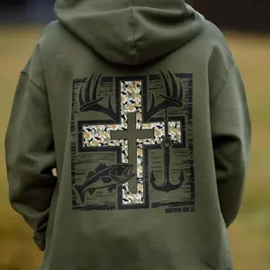 Christian Hunting Fishing Hoodie, Camo Cross Antler Bass Fish Anchor Top, Religious Youth Sweatshirt, Southern Boy Outdoor Wear, Faith Gift