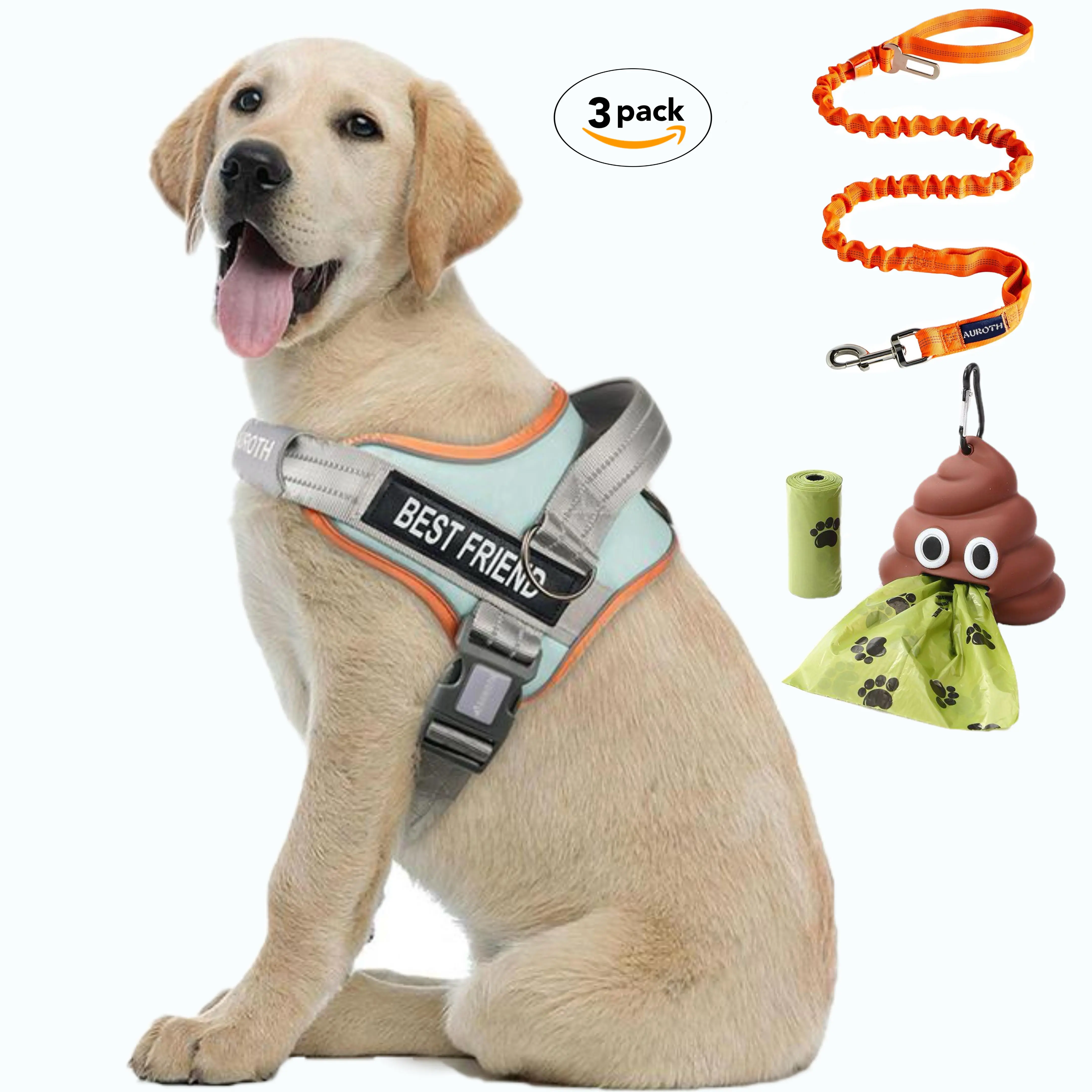 【#Summersale】AUROTH No Choke Dog Harness and Leash Combo with Cute Poop Bag Holder, Reflective Adjustable Safety No pull Harness – Soft Padded, Easy On & Off – Dog Walking & Training, Small Medium Large Dogs