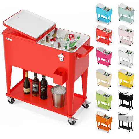 VINGLI 80 Qt Portable Travel Ice Retention Cooler with Transport Wheels - Stainless Steel Heat Insulating Camp Kitchen Cart, Easy Clean Up Patio Party Cart with Shelf, Bottle Opener, Water Pipe, Father's Day Gift,familyfun
