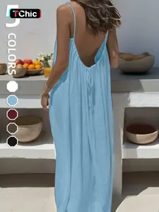 Women's Solid Color Backless Cami Dress, Casual Sleeveless Dress for Summer, Perfect for Beach Holidays & Vacations