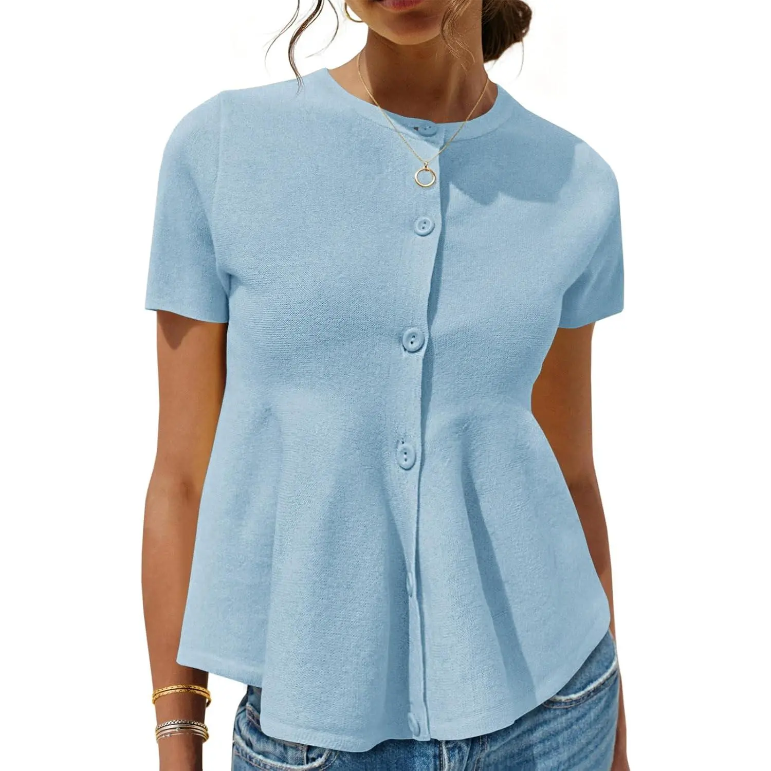 Saodimallsu Women's Basic Polyester Shortsleeve Crew Neck Knitwear Cardigan - Ruffle Button-Down, Peplum Babydoll, Minimalist Casual Clothes Top,summerwins