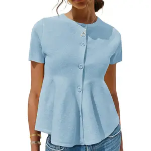 Saodimallsu Womens Short Sleeve Cardigans Ruffle Button Down Crew Neck Peplum Babydoll Knit Sweater Tops