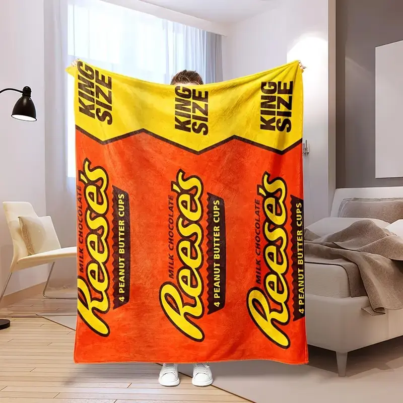 Soft Funny Reese'S Peanut Butter Cups Flannel Throw Blanket Contemporary Style Soft Cozy All Season Multipurpose Machine Washable Digital Print  Ideal for Sofa Bed Office Camping Travel Great Gift for All Occasions