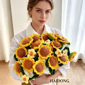 DIY Hand Knit Crochet Sunflower Yarn Bouquet, Handmade Everlasting Knitted Artificial Flower, No Wither Floral Gift for Graduation Birthday Mother’s Day