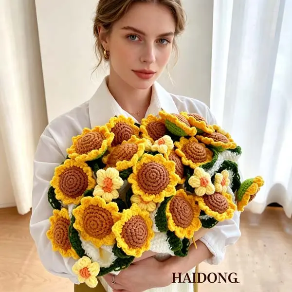 DIY Hand Knit Crochet Sunflower Yarn Bouquet, Handmade Everlasting Knitted Artificial Flower, No Wither Floral Gift for Graduation Birthday Mother’s Day