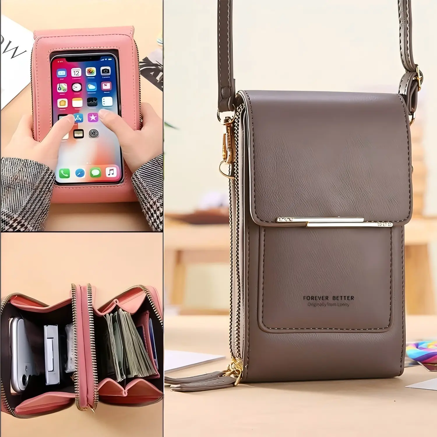 Touchscreen Sensitive Phone Bag with Multiple Colors, Use Phone Without Taking It Out, Clear Window Crossbody Purse with 3 Card Slots & Secure Dual Zipper Wallet